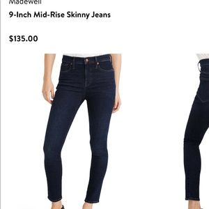 Madewell 9-in mid-rise skinny jeans. Excellent condition. Nordstrom purchase.